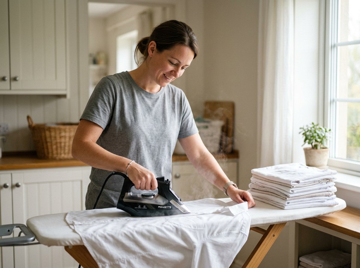 Aide-ménagère repassant du linge à domicile